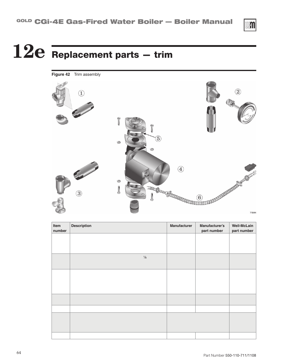 Replacement parts — trim, Cgi-4e gas-fired water boiler — boiler manual | Weil-McLain GOLD CGI-4E User Manual | Page 64 / 68