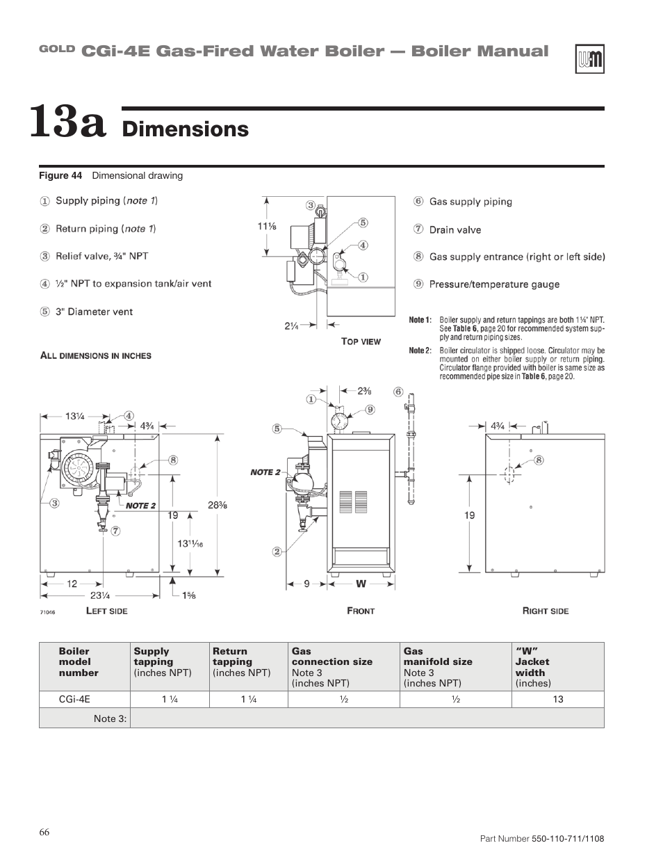 Dimensions, Cgi-4e gas-fired water boiler — boiler manual | Weil-McLain GOLD CGI-4E User Manual | Page 66 / 68