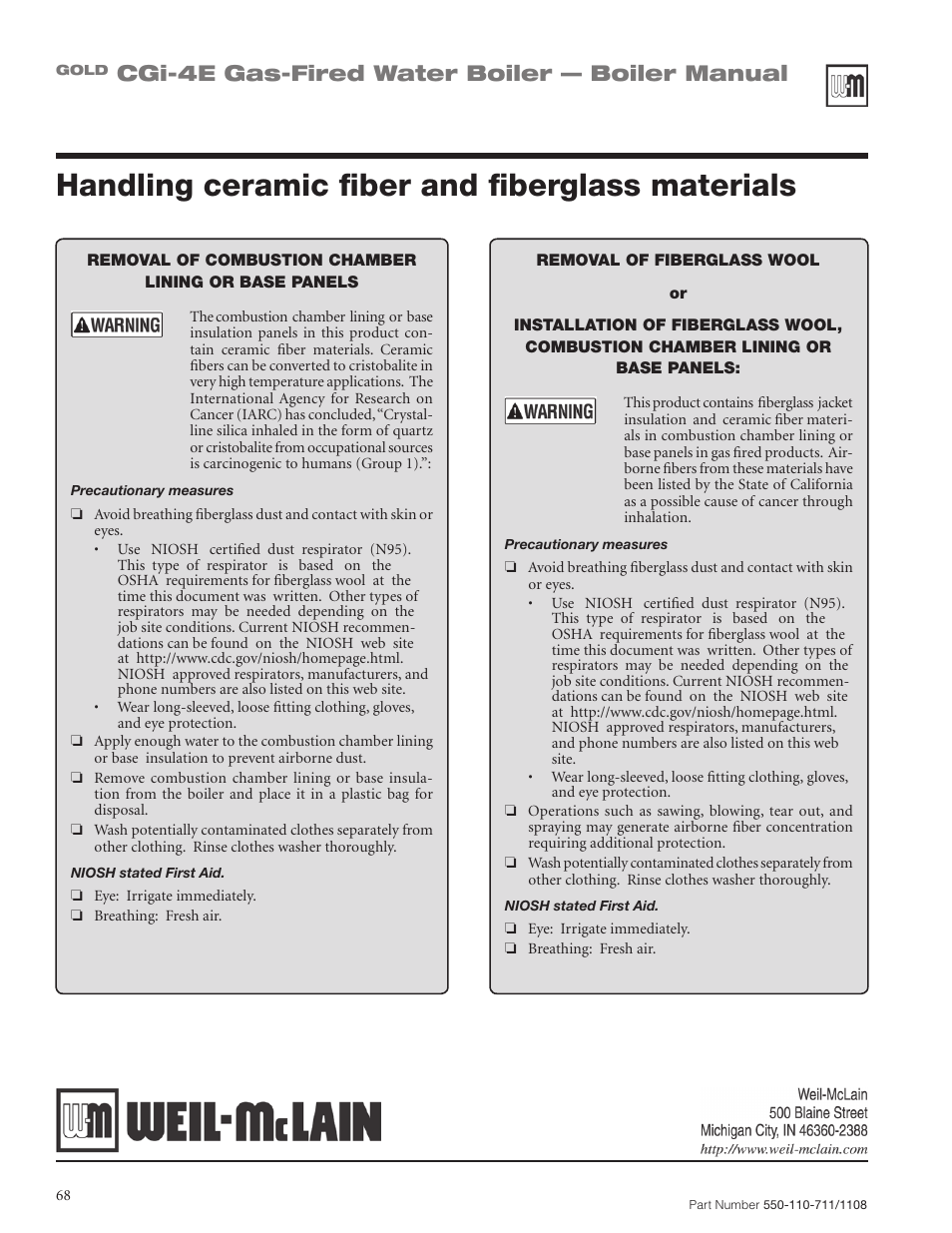 Handling ceramic fiber and fiberglass materials, Cgi-4e gas-fired water boiler — boiler manual | Weil-McLain GOLD CGI-4E User Manual | Page 68 / 68