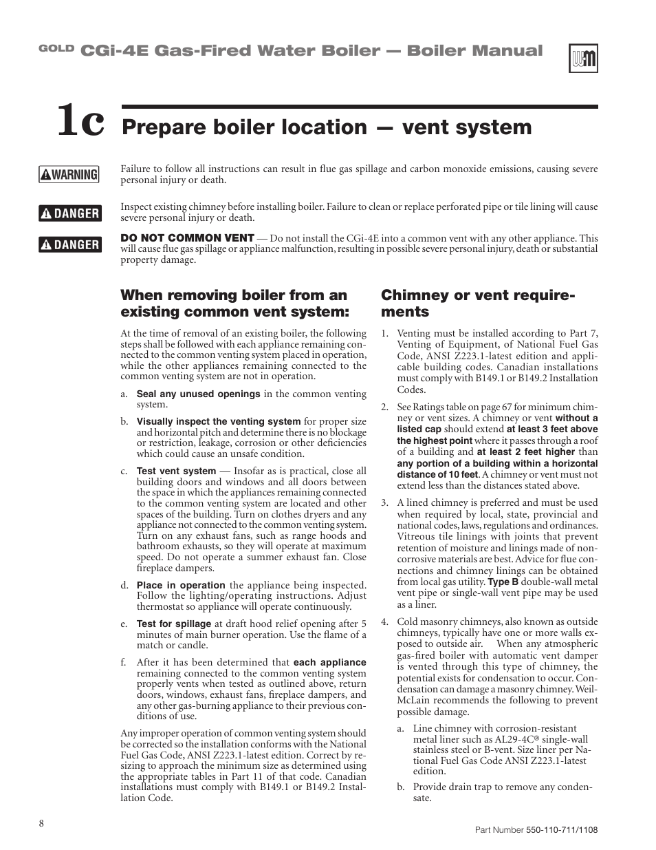 Prepare boiler location — vent system, Cgi-4e gas-fired water boiler — boiler manual, Chimney or vent require- ments | Weil-McLain GOLD CGI-4E User Manual | Page 8 / 68