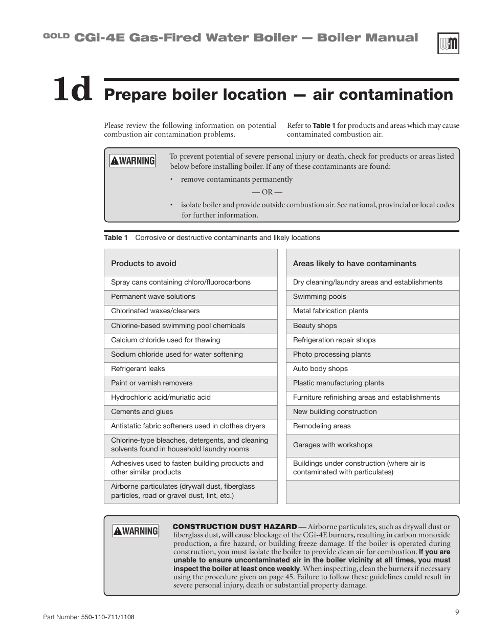 Prepare boiler location — air contamination, Cgi-4e gas-fired water boiler — boiler manual | Weil-McLain GOLD CGI-4E User Manual | Page 9 / 68