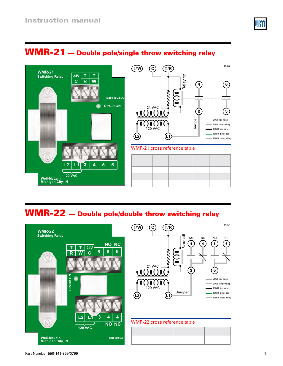 Wmr-21, Wmr-22, Instruction manual | Double pole/single throw switching relay, Double pole/double throw switching relay | Weil-McLain WMR-21 User Manual | Page 3 / 4