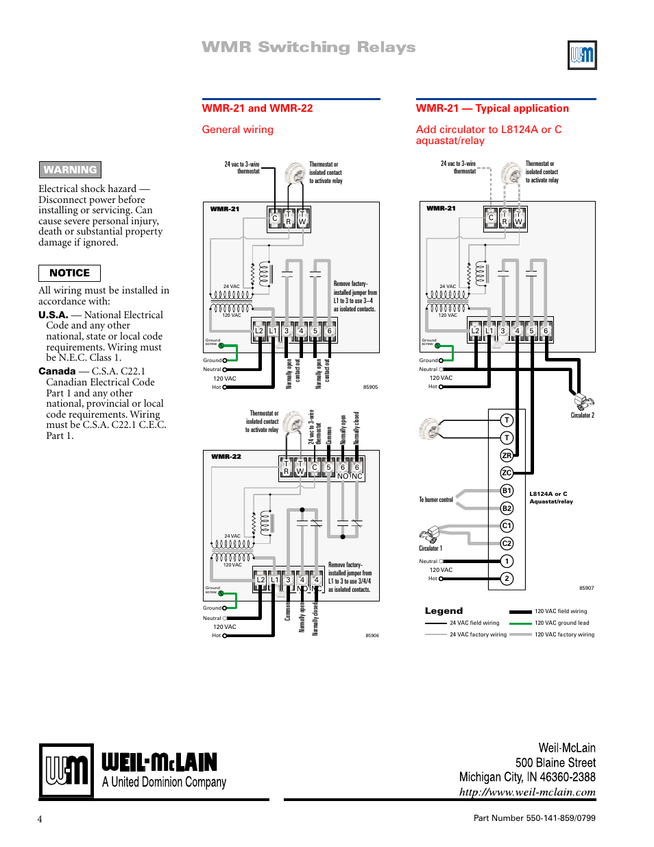 Wmr-21 and wmr-22 general wiring, Wmr-21 typical application wiring, Wmr switching relays | U.s.a, Canada | Weil-McLain WMR-21 User Manual | Page 4 / 4