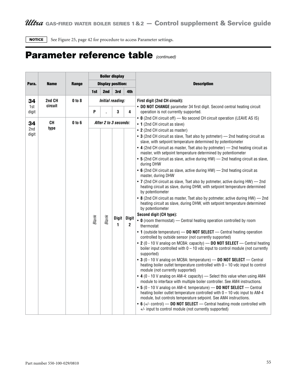 Parameter reference table, Control supplement & service guide | Weil-McLain ULTRA 230 User Manual | Page 55 / 60