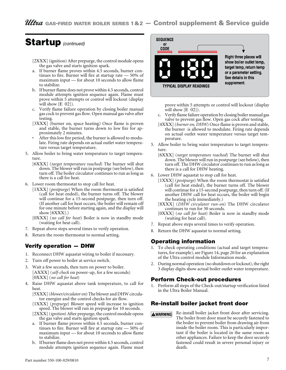 Startup, Control supplement & service guide | Weil-McLain ULTRA 230 User Manual | Page 7 / 60