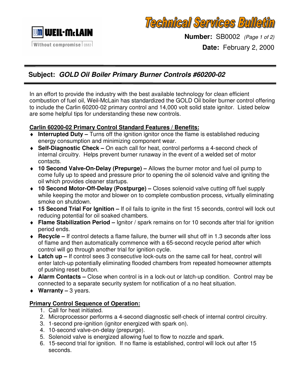 Weil-McLain SB0002 User Manual | 2 pages