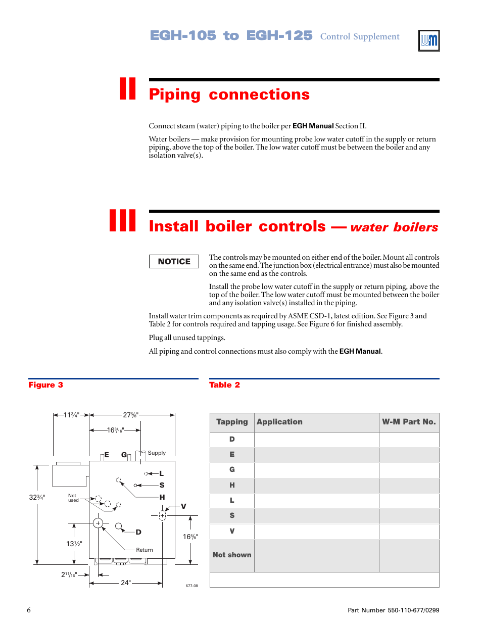 Piping connections, Install boiler controls, Water boilers | Weil-McLain EGH-125 User Manual | Page 6 / 36