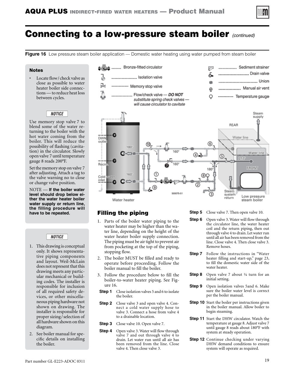 Connecting to a low-pressure steam boiler, Aqua plus, Product manual | Weil-McLain AQUA PLUS GL-E223-ADOC 0311 User Manual | Page 19 / 44