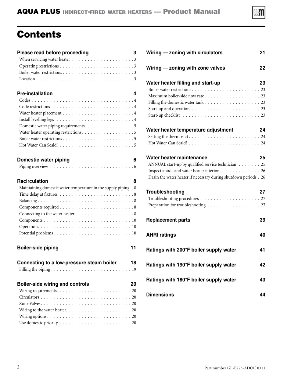 Weil-McLain AQUA PLUS GL-E223-ADOC 0311 User Manual | Page 2 / 44