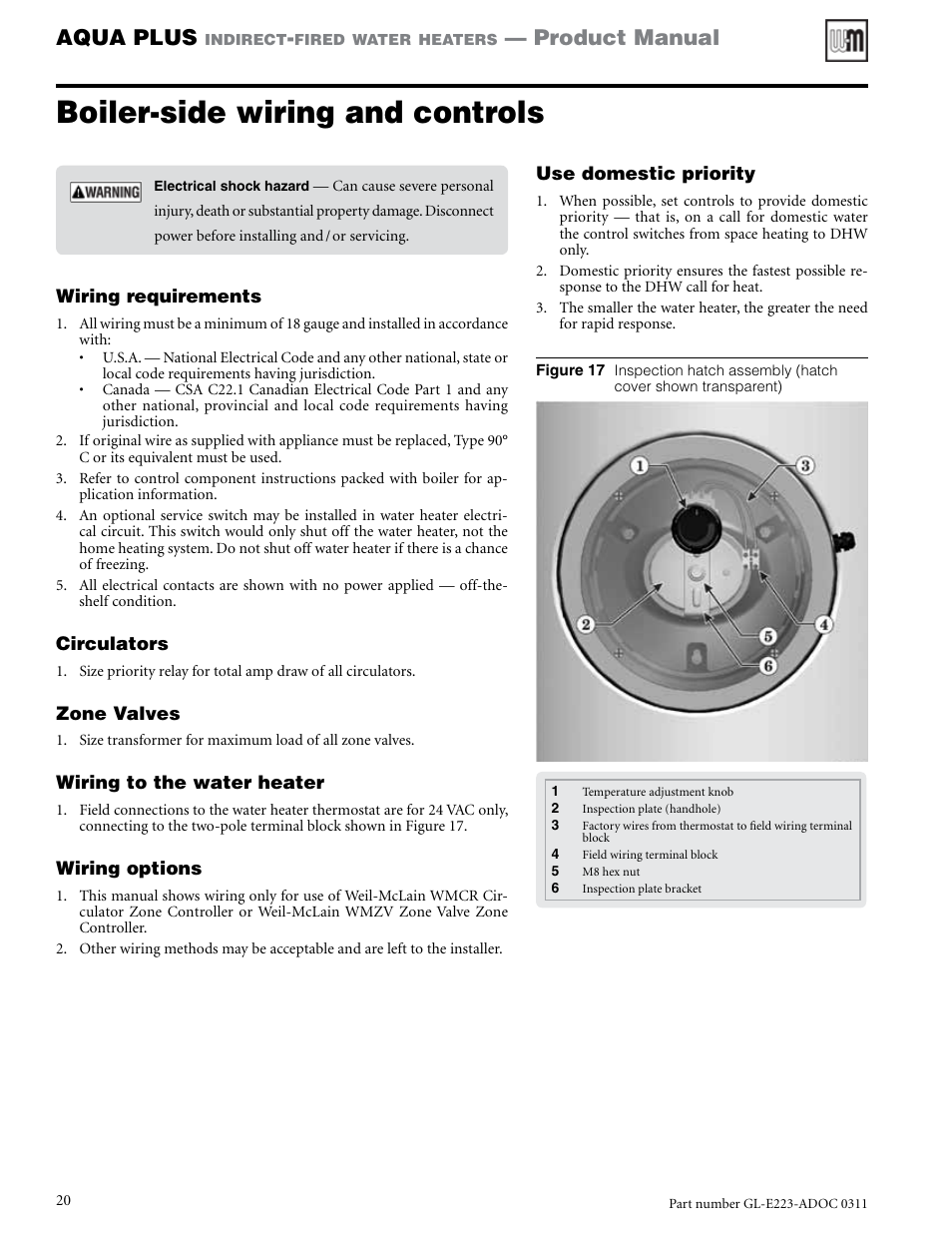 Boiler-side wiring and controls, Aqua plus, Product manual | Weil-McLain AQUA PLUS GL-E223-ADOC 0311 User Manual | Page 20 / 44