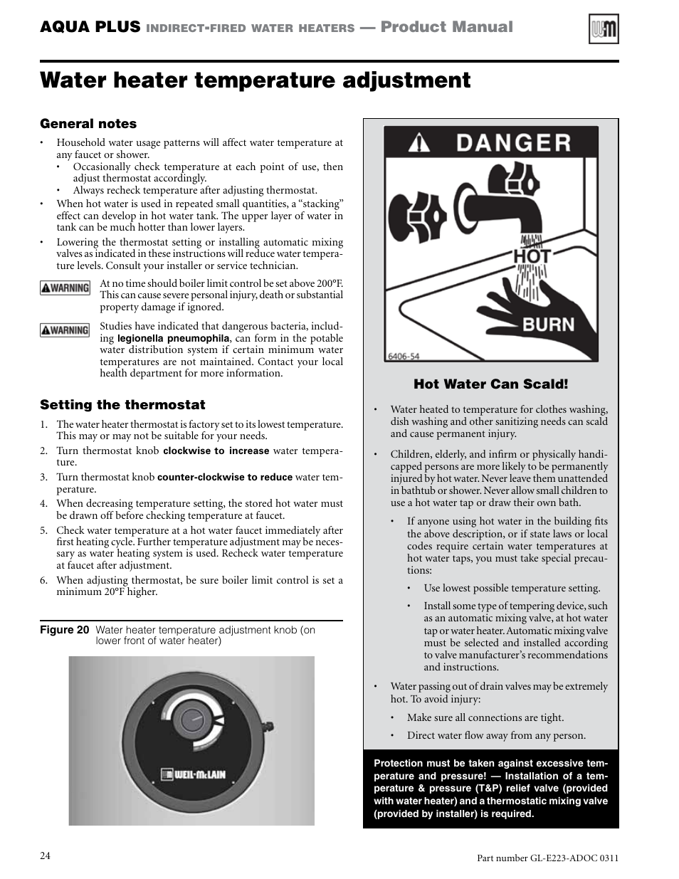 Water heater temperature adjustment, Aqua plus, Product manual | Weil-McLain AQUA PLUS GL-E223-ADOC 0311 User Manual | Page 24 / 44