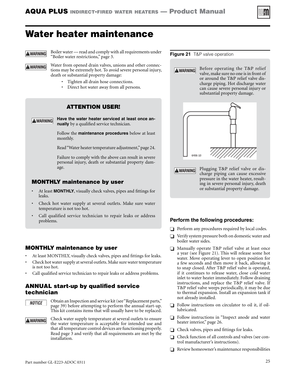 Water heater maintenance, Aqua plus, Product manual | Weil-McLain AQUA PLUS GL-E223-ADOC 0311 User Manual | Page 25 / 44