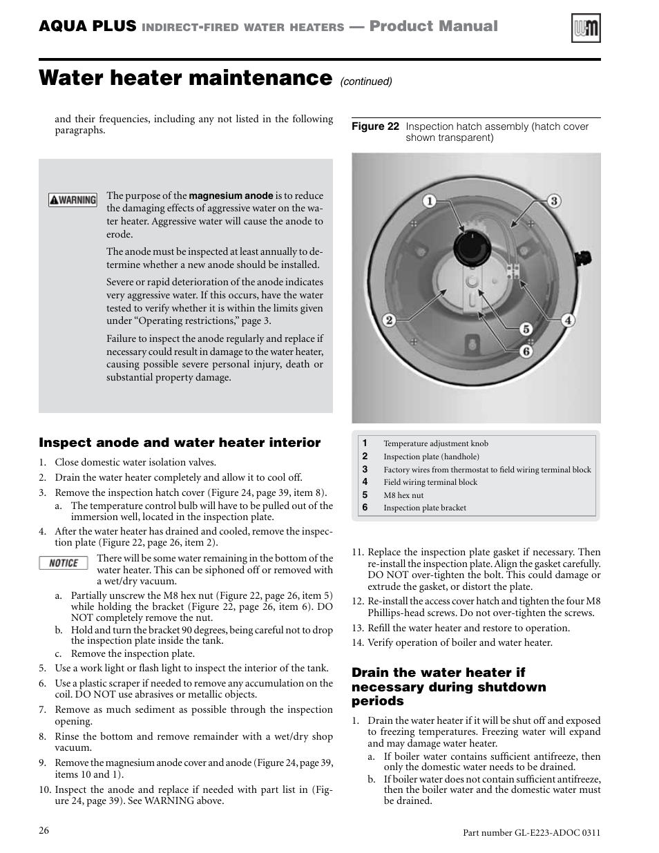 Water heater maintenance, Aqua plus, Product manual | Weil-McLain AQUA PLUS GL-E223-ADOC 0311 User Manual | Page 26 / 44