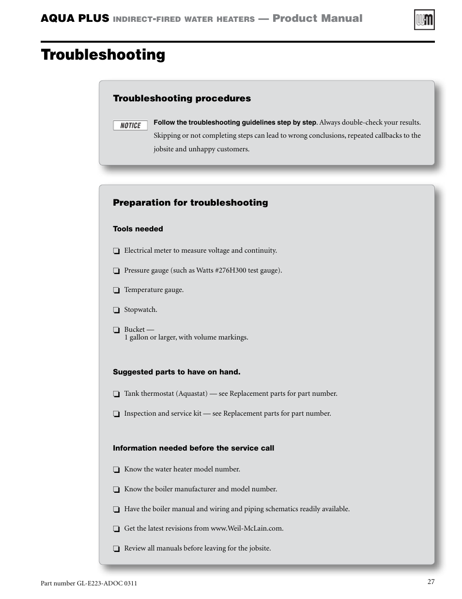 Troubleshooting, Aqua plus, Product manual | Weil-McLain AQUA PLUS GL-E223-ADOC 0311 User Manual | Page 27 / 44