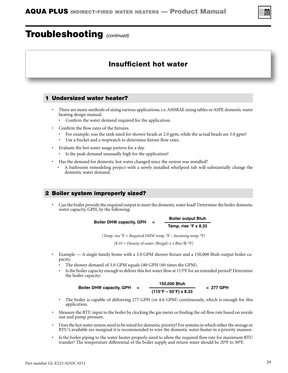Troubleshooting, Insufficient hot water, Aqua plus | Product manual | Weil-McLain AQUA PLUS GL-E223-ADOC 0311 User Manual | Page 29 / 44
