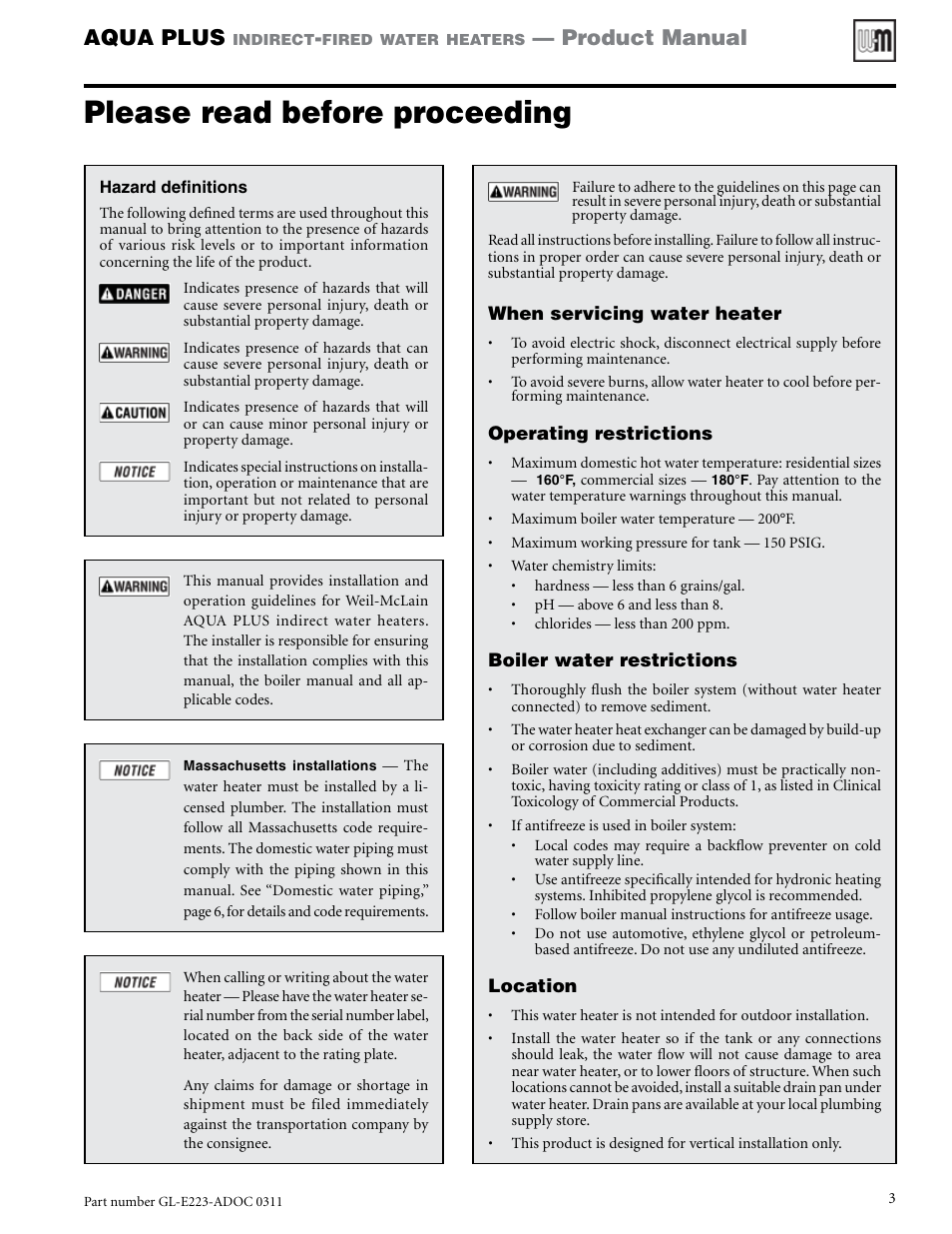 Please read before proceeding, Aqua plus, Product manual | Weil-McLain AQUA PLUS GL-E223-ADOC 0311 User Manual | Page 3 / 44