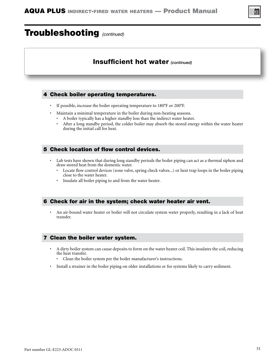 Troubleshooting, Insufficient hot water, Aqua plus | Product manual | Weil-McLain AQUA PLUS GL-E223-ADOC 0311 User Manual | Page 31 / 44