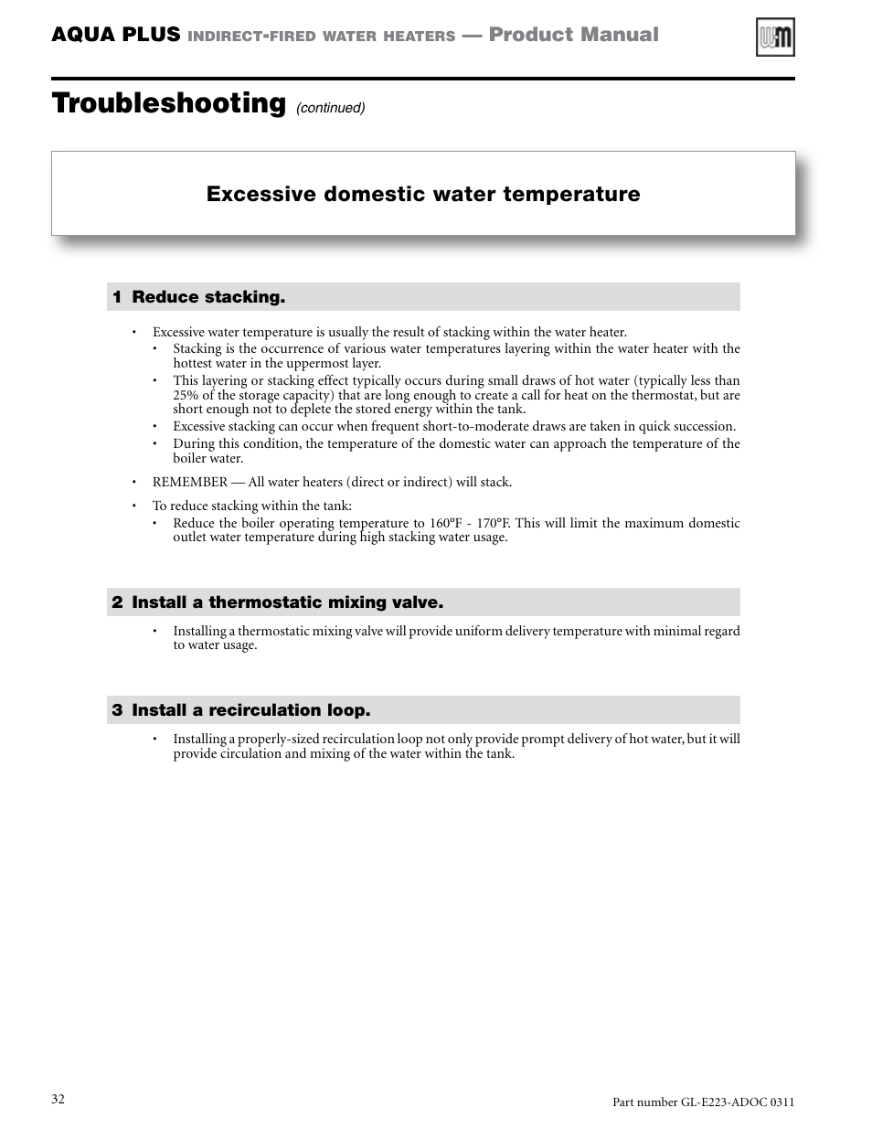 Troubleshooting, Excessive domestic water temperature, Aqua plus | Product manual | Weil-McLain AQUA PLUS GL-E223-ADOC 0311 User Manual | Page 32 / 44