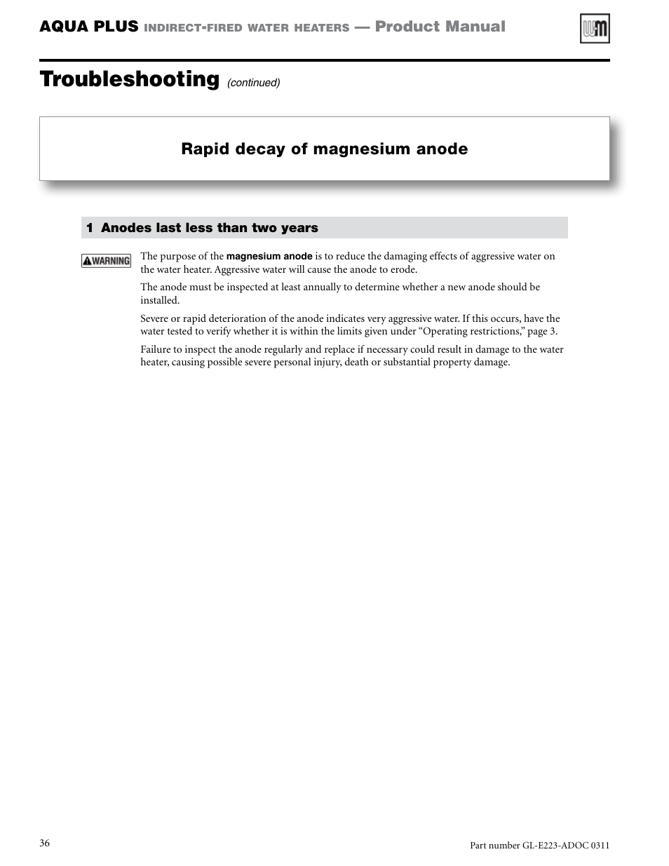 Troubleshooting, Rapid decay of magnesium anode, Aqua plus | Product manual | Weil-McLain AQUA PLUS GL-E223-ADOC 0311 User Manual | Page 36 / 44