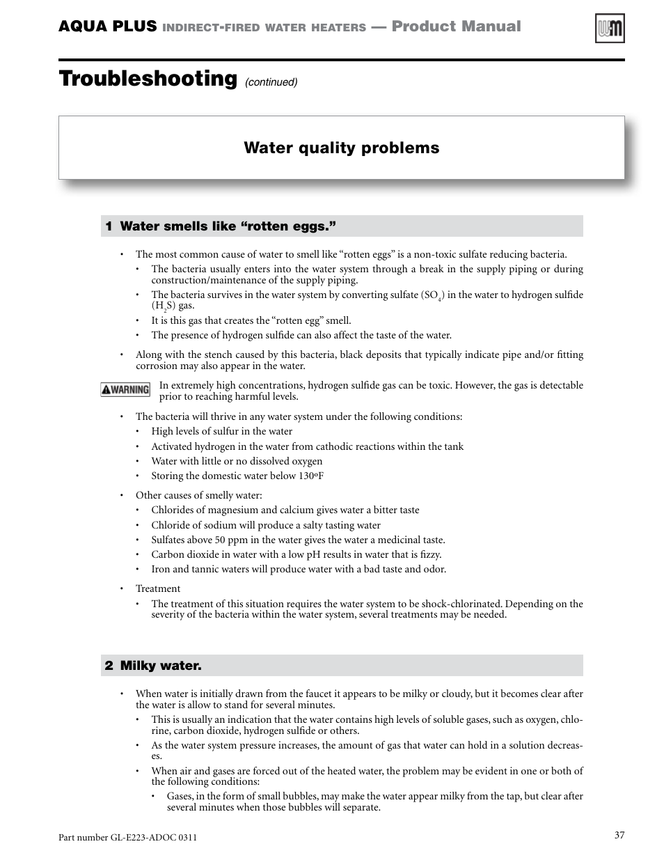 Troubleshooting, Water quality problems, Aqua plus | Product manual | Weil-McLain AQUA PLUS GL-E223-ADOC 0311 User Manual | Page 37 / 44