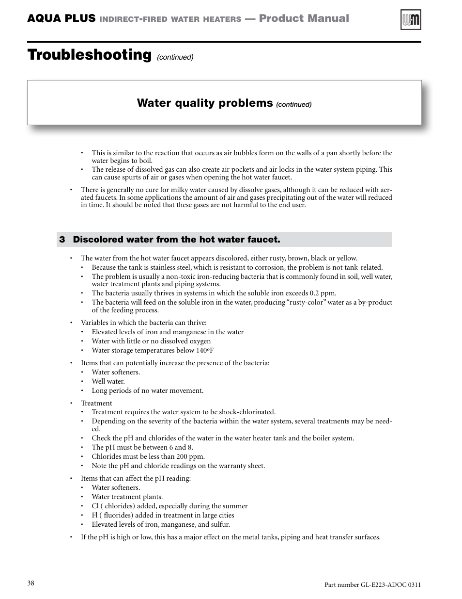 Troubleshooting, Water quality problems, Aqua plus | Product manual | Weil-McLain AQUA PLUS GL-E223-ADOC 0311 User Manual | Page 38 / 44