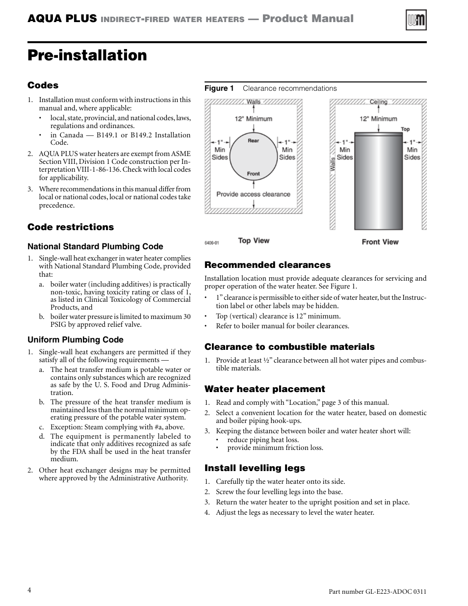 Pre-installation, Aqua plus, Product manual | Weil-McLain AQUA PLUS GL-E223-ADOC 0311 User Manual | Page 4 / 44