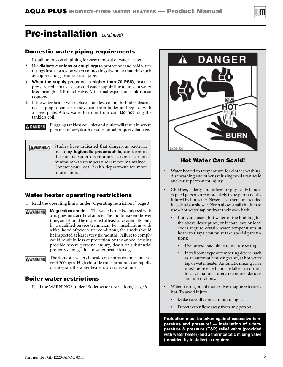 Pre-installation, Aqua plus, Product manual | Weil-McLain AQUA PLUS GL-E223-ADOC 0311 User Manual | Page 5 / 44