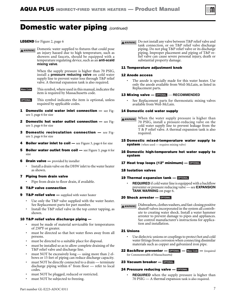 Domestic water piping, Aqua plus, Product manual | Weil-McLain AQUA PLUS GL-E223-ADOC 0311 User Manual | Page 7 / 44