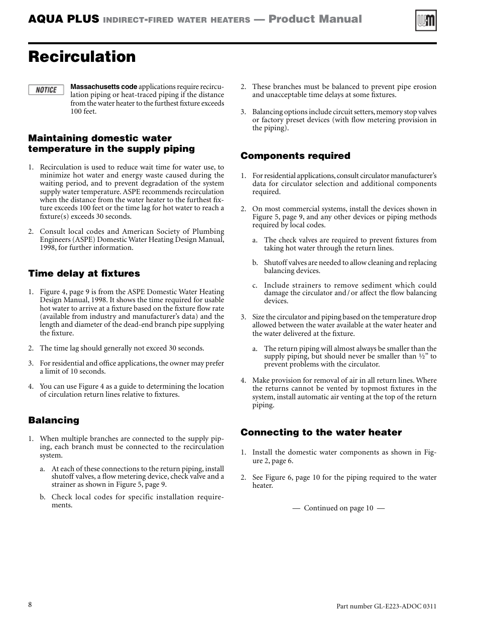 Recirculation, Aqua plus, Product manual | Weil-McLain AQUA PLUS GL-E223-ADOC 0311 User Manual | Page 8 / 44