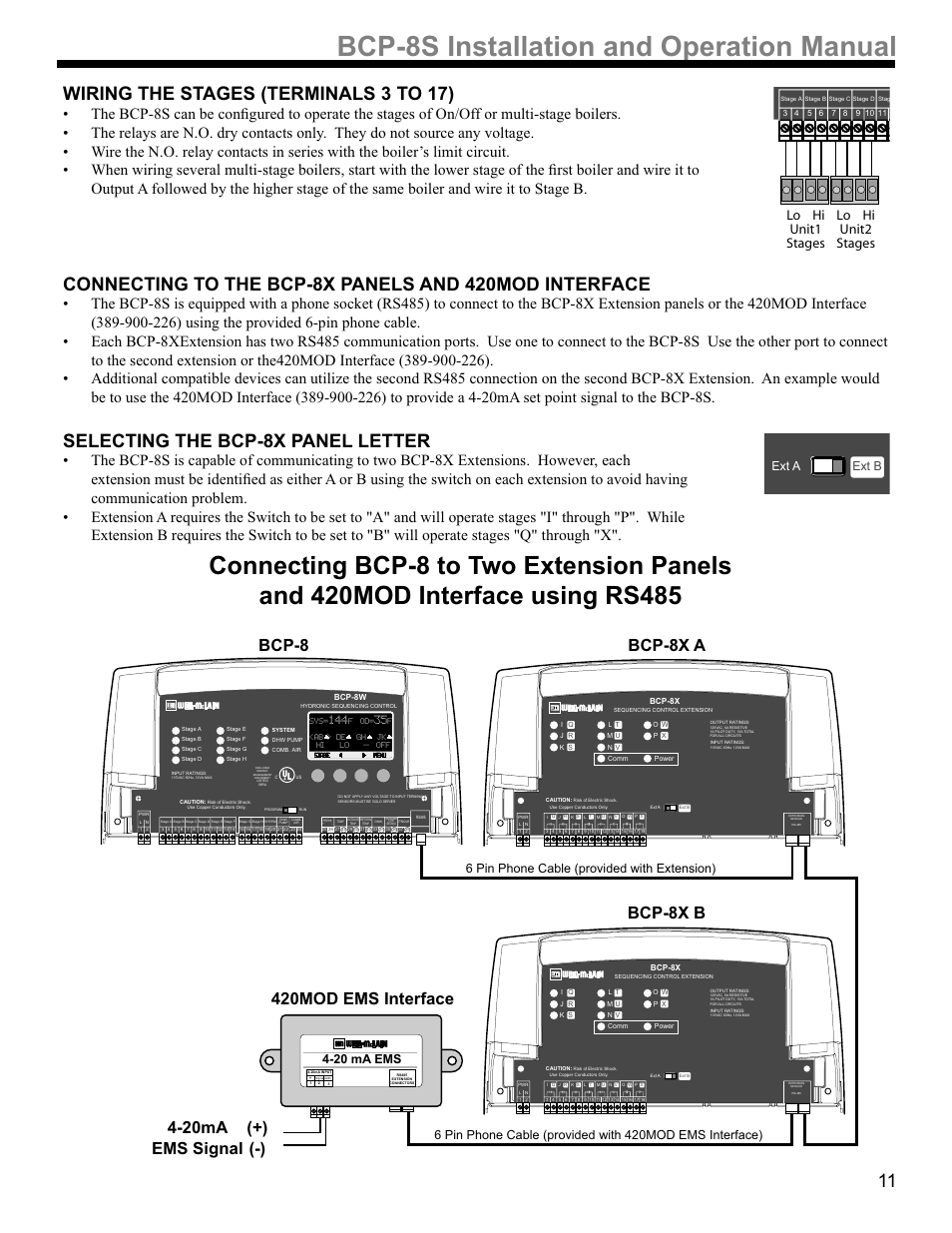 36,qvwdoodwlrqdqg2shudwlrq0dqxdo, Bcp-8, Bcp-8x a | Bcp-8x b, Lo hi unit1 stages lo hi unit2 stages, Ext a ext b, 20 ma ems | Weil-McLain BCP-8X User Manual | Page 11 / 28