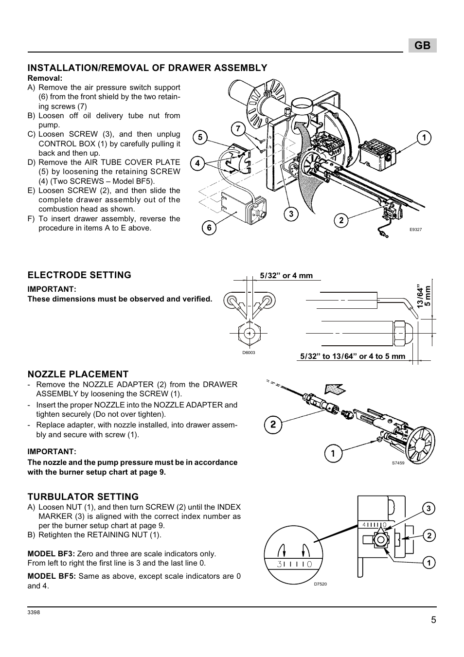 Installation/removal of drawer assembly, Electrode setting, Nozzle placement | Turbulator setting | Weil-McLain 800062000-Brn-PO Rie BF5 User Manual | Page 8 / 19