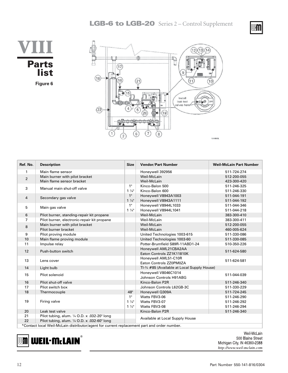 Viii, Parts list, Lgb-6 to lgb-20 | Series 2 – control supplement | Weil-McLain LGB-6 User Manual | Page 12 / 12