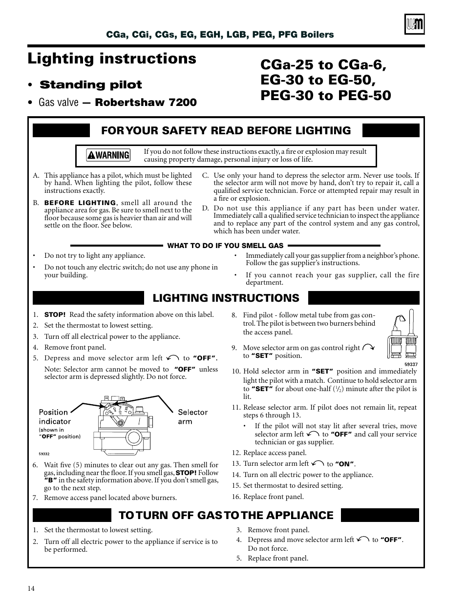 Lighting instructions, Gas valve — robertshaw 7200, Standing pilot | Weil-McLain CGs User Manual | Page 14 / 24