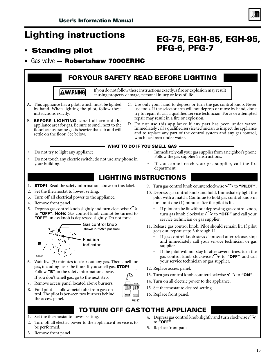 Lighting instructions, Standing pilot • gas valve — robertshaw 7000erhc | Weil-McLain CGs User Manual | Page 15 / 24