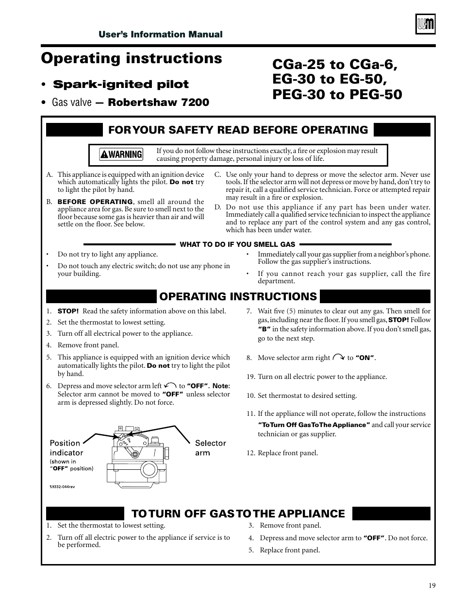 Operating instructions, Spark-ignited pilot • gas valve — robertshaw 7200 | Weil-McLain CGs User Manual | Page 19 / 24