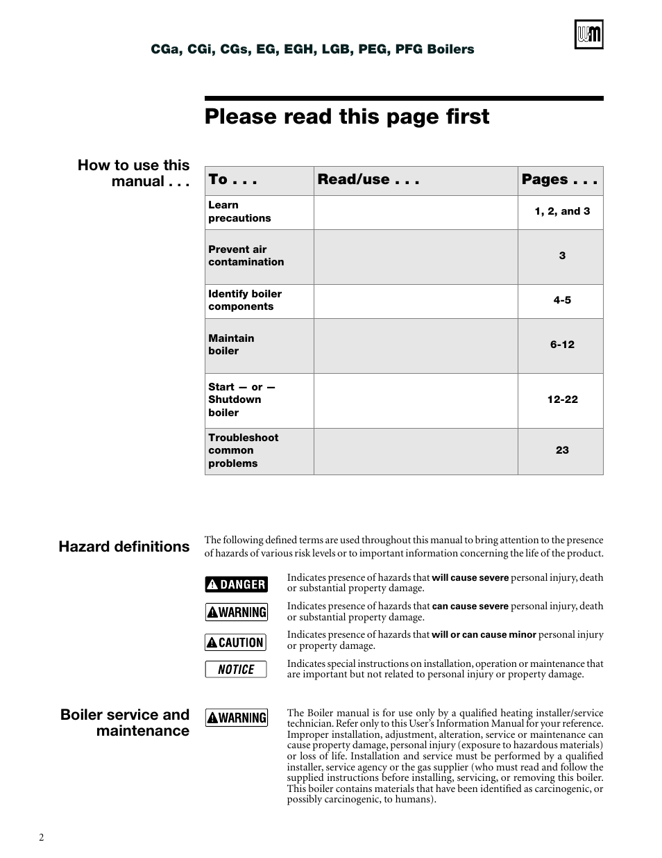 Please read this page first, How to use this manual, Boiler service and maintenance | Hazard definitions | Weil-McLain CGs User Manual | Page 2 / 24