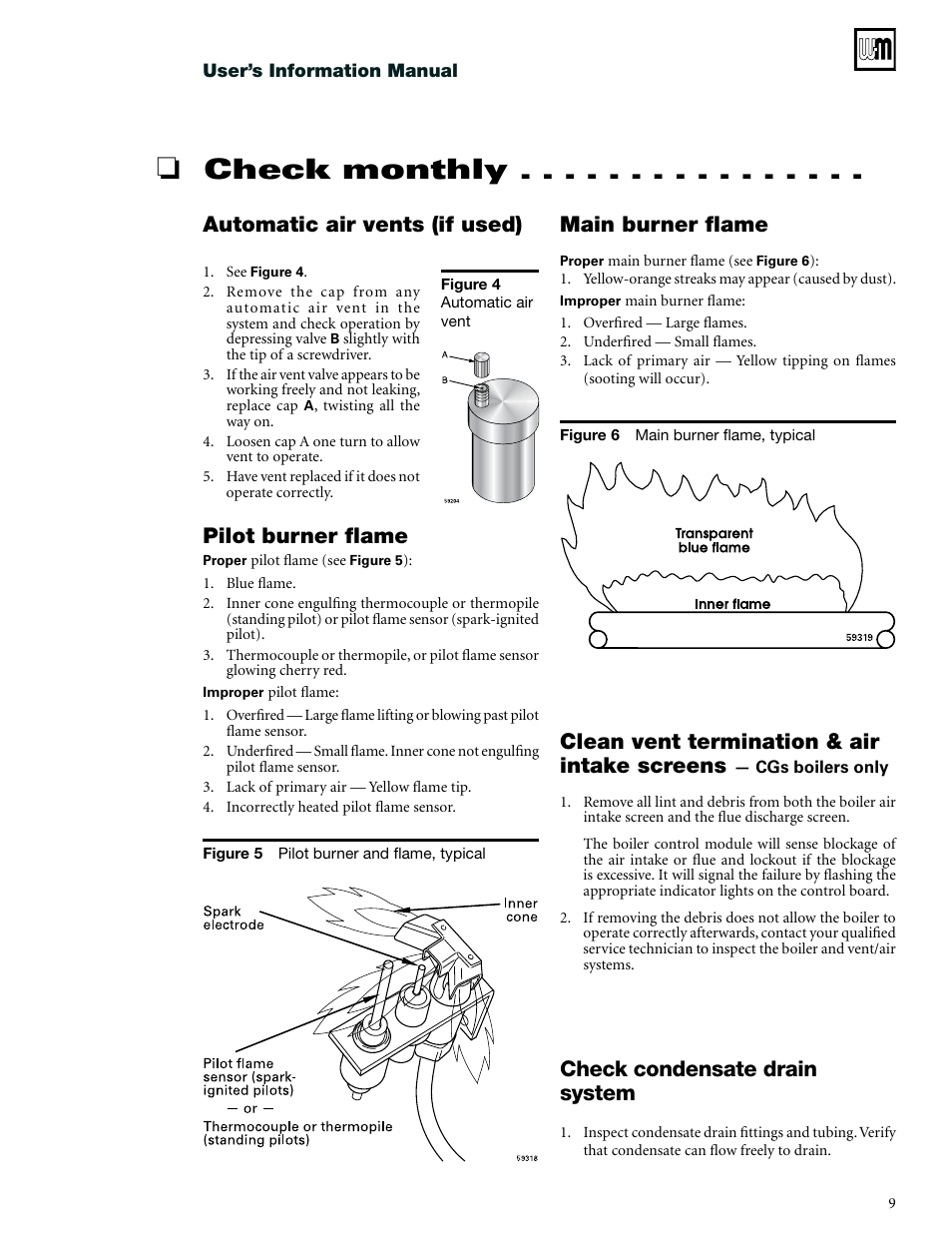 Check monthly, Automatic air vents (if used), Pilot burner flame | Main burner flame, Clean vent termination & air intake screens, Check condensate drain system | Weil-McLain CGs User Manual | Page 9 / 24