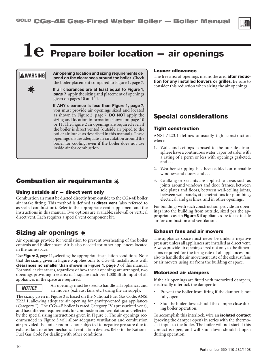 Prepare boiler location — air openings, Cgs-4e gas-fired water boiler — boiler manual, Special considerations | Combustion air requirements, Sizing air openings | Weil-McLain GOLD CGS-4E User Manual | Page 10 / 64