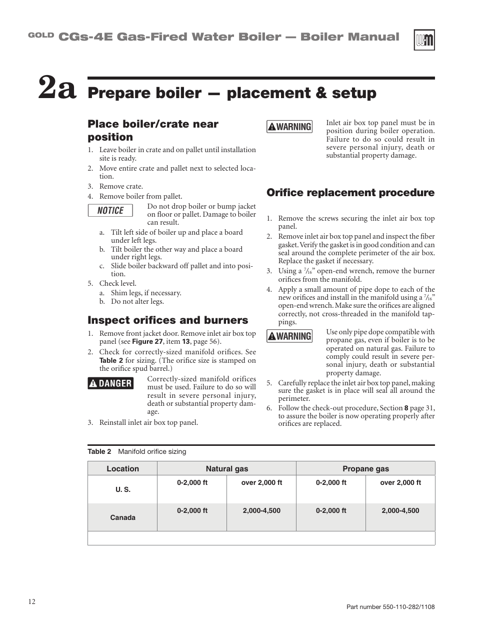 Prepare boiler — placement & setup, Inspect orifices and burners, Orifice replacement procedure | Weil-McLain GOLD CGS-4E User Manual | Page 12 / 64