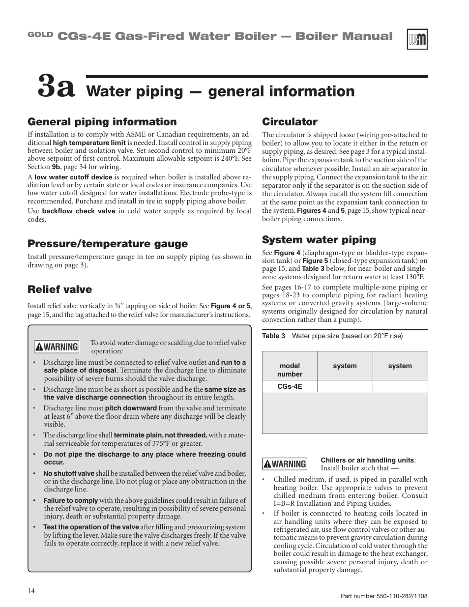 Water piping — general information, Cgs-4e gas-fired water boiler — boiler manual, General piping information | Pressure/temperature gauge, Relief valve, Circulator, System water piping | Weil-McLain GOLD CGS-4E User Manual | Page 14 / 64