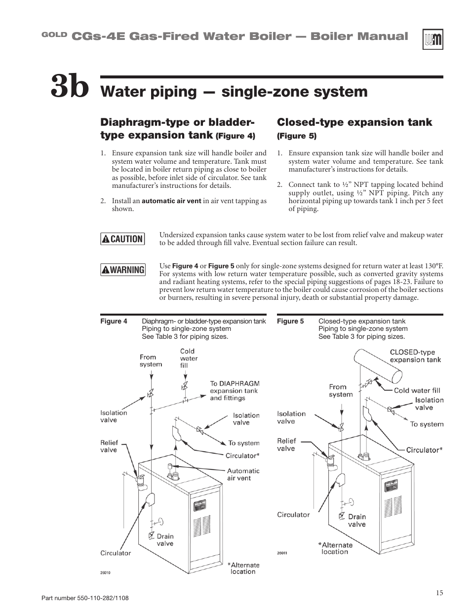 Water piping — single-zone system, Cgs-4e gas-fired water boiler — boiler manual, Diaphragm-type or bladder- type expansion tank | Closed-type expansion tank | Weil-McLain GOLD CGS-4E User Manual | Page 15 / 64