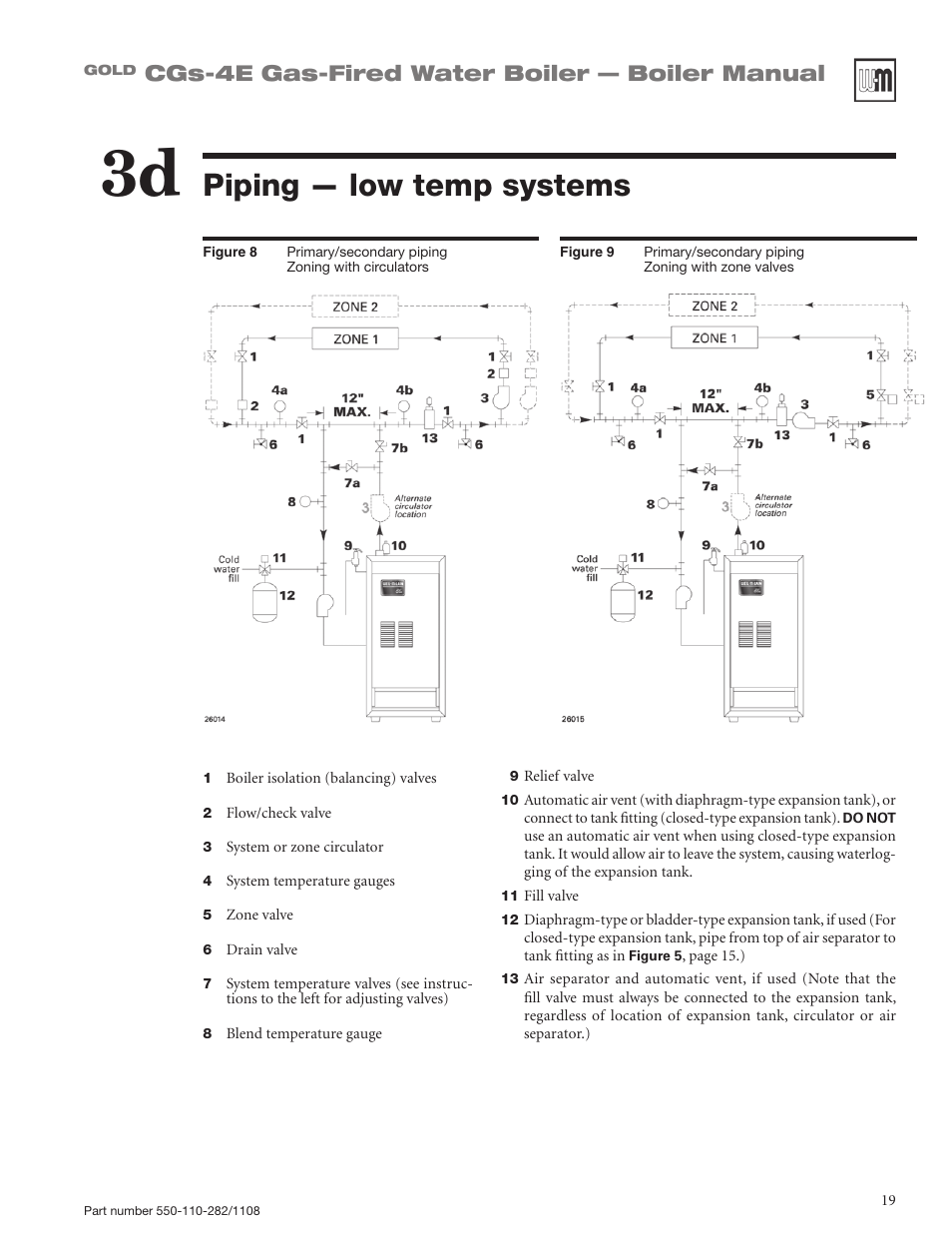 Piping — low temp systems, Cgs-4e gas-fired water boiler — boiler manual | Weil-McLain GOLD CGS-4E User Manual | Page 19 / 64