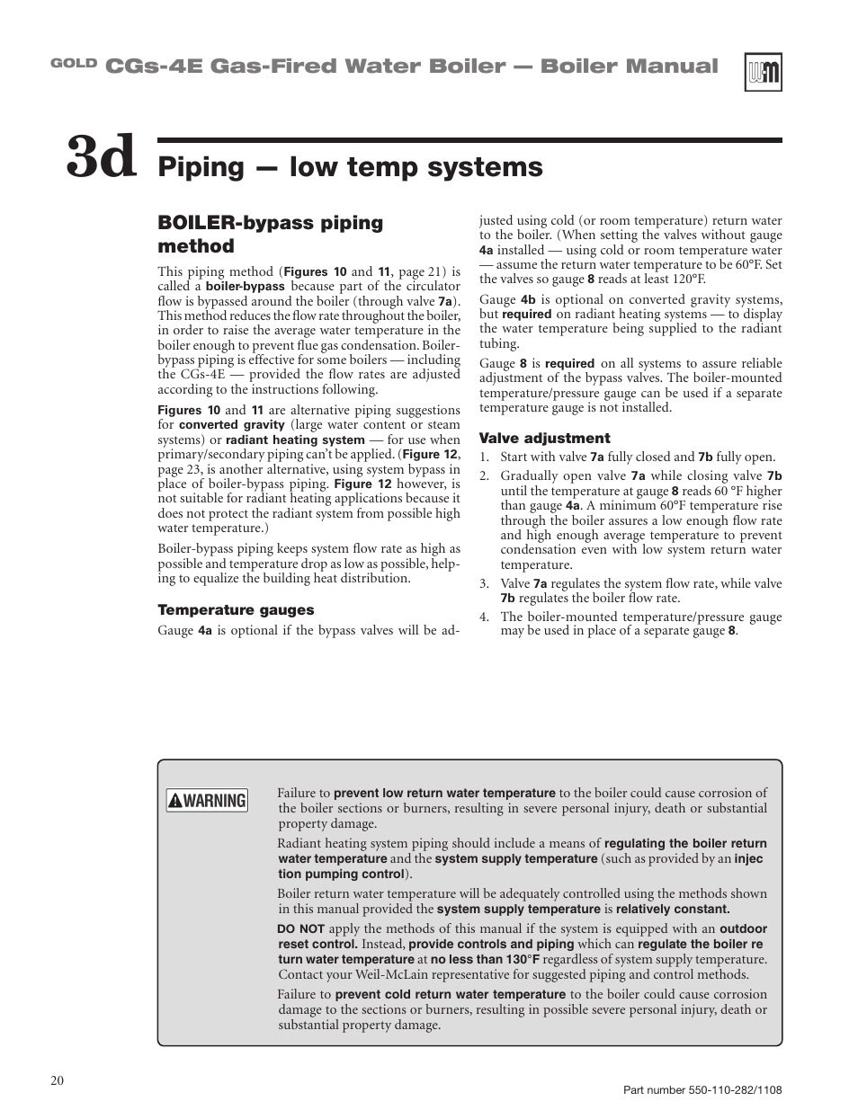 Piping — low temp systems, Cgs-4e gas-fired water boiler — boiler manual, Boiler-bypass piping method | Weil-McLain GOLD CGS-4E User Manual | Page 20 / 64