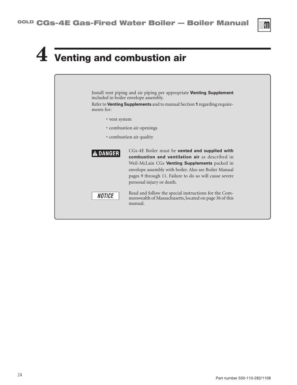 Venting and combustion air, Cgs-4e gas-fired water boiler — boiler manual | Weil-McLain GOLD CGS-4E User Manual | Page 24 / 64