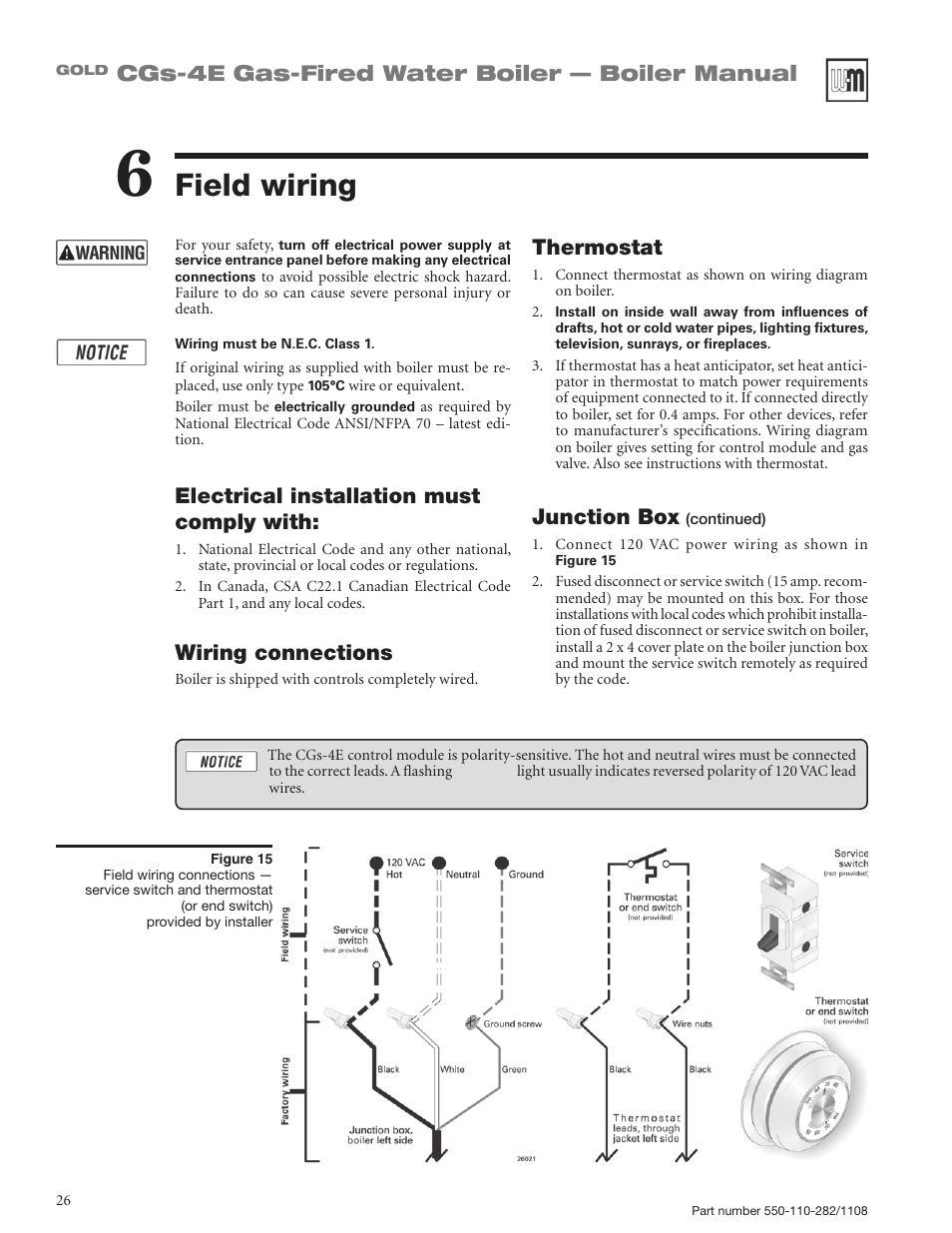 Field wiring, Cgs-4e gas-fired water boiler — boiler manual, Thermostat | Junction box, Electrical installation must comply with, Wiring connections | Weil-McLain GOLD CGS-4E User Manual | Page 26 / 64