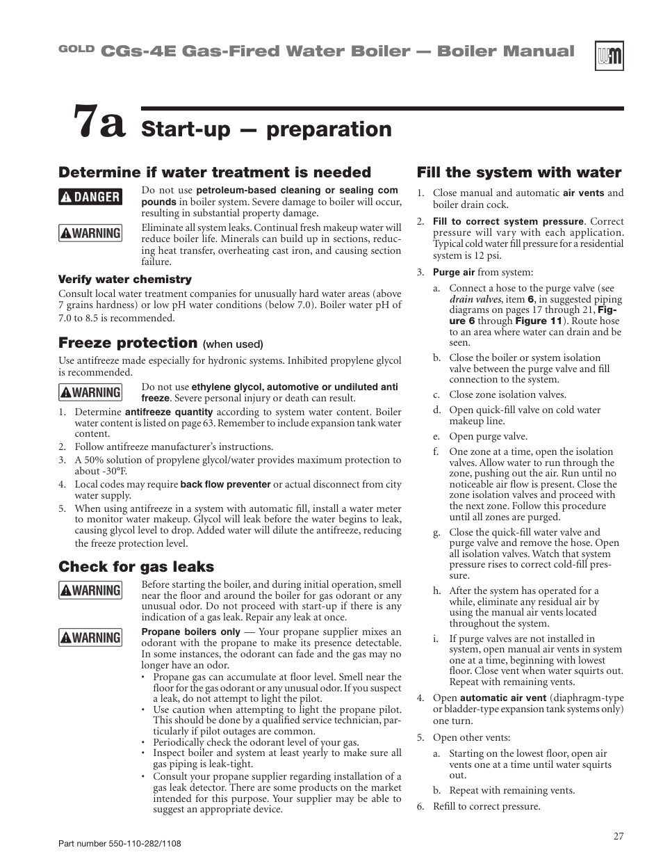 Start-up — preparation, Cgs-4e gas-fired water boiler — boiler manual, Fill the system with water | Determine if water treatment is needed, Freeze protection, Check for gas leaks | Weil-McLain GOLD CGS-4E User Manual | Page 27 / 64