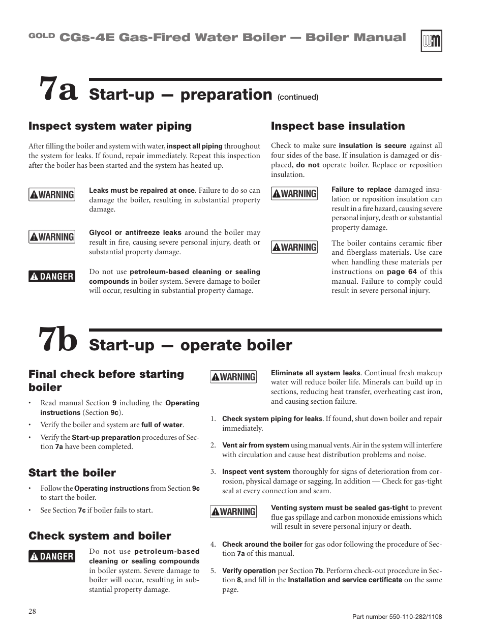 Start-up — operate boiler, Start-up — preparation, Cgs-4e gas-fired water boiler — boiler manual | Inspect system water piping, Final check before starting boiler, Start the boiler, Check system and boiler, Inspect base insulation | Weil-McLain GOLD CGS-4E User Manual | Page 28 / 64