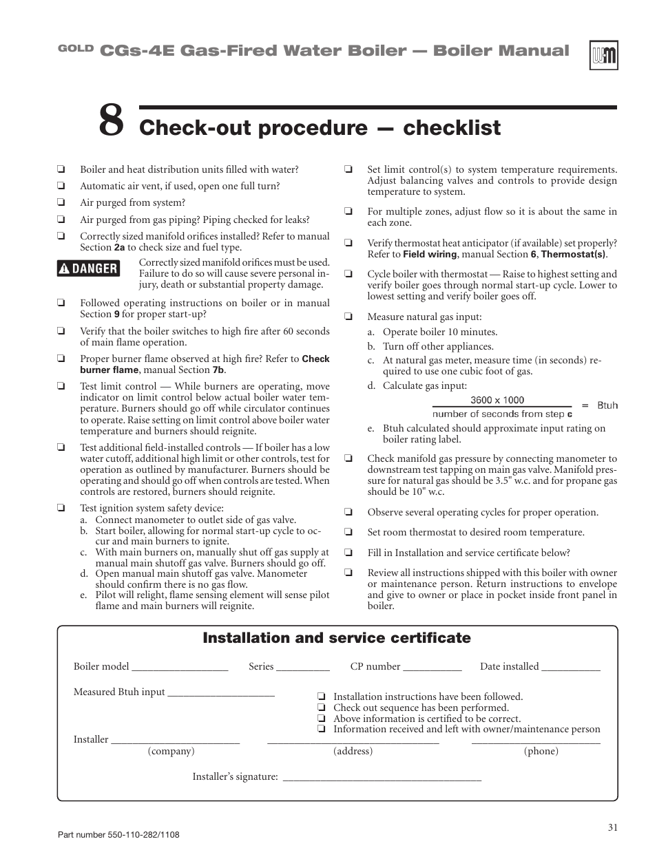 Check-out procedure — checklist, Cgs-4e gas-fired water boiler — boiler manual, Installation and service certificate | Weil-McLain GOLD CGS-4E User Manual | Page 31 / 64