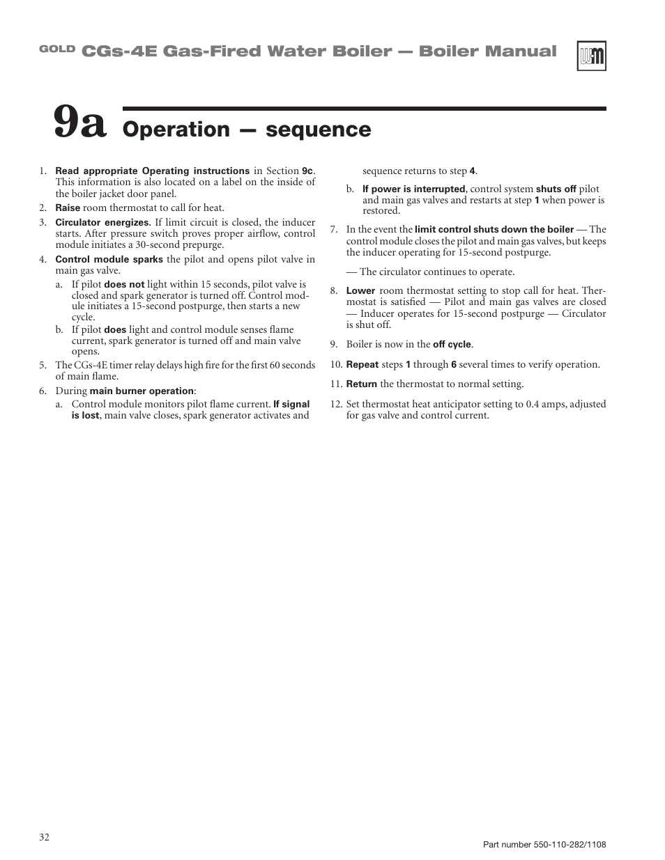 Operation — sequence, Cgs-4e gas-fired water boiler — boiler manual | Weil-McLain GOLD CGS-4E User Manual | Page 32 / 64