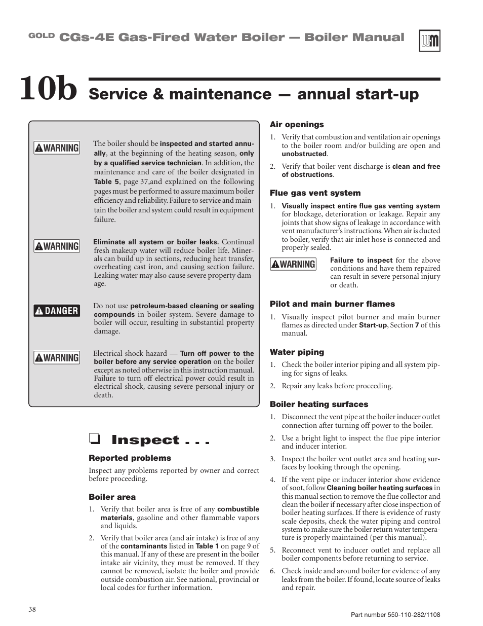 Service & maintenance — annual start-up, Inspect, Cgs-4e gas-fired water boiler — boiler manual | Weil-McLain GOLD CGS-4E User Manual | Page 38 / 64